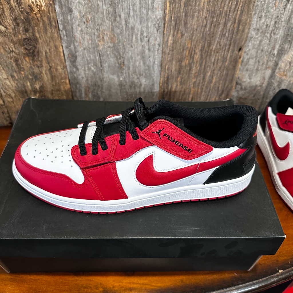 Jordan Air 1 Low Flyease In White, Red, And Black